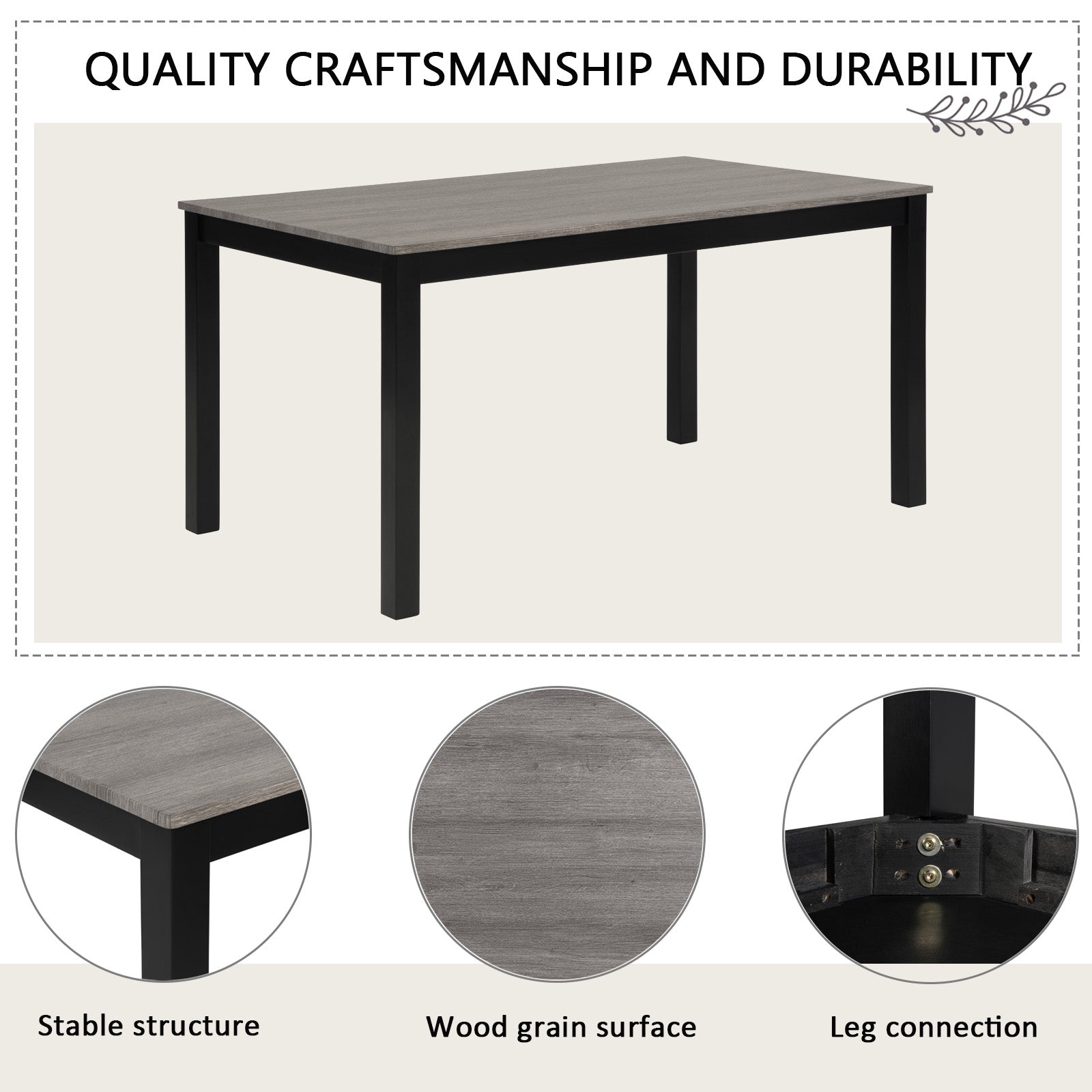 6-Piece Dining Table Set with Bench and Chairs, Dining Table Set for 6 with Bench, Wooden Dining Table Set for Kitchen, Dining Room, Light Grey & Black Two Tone image 5