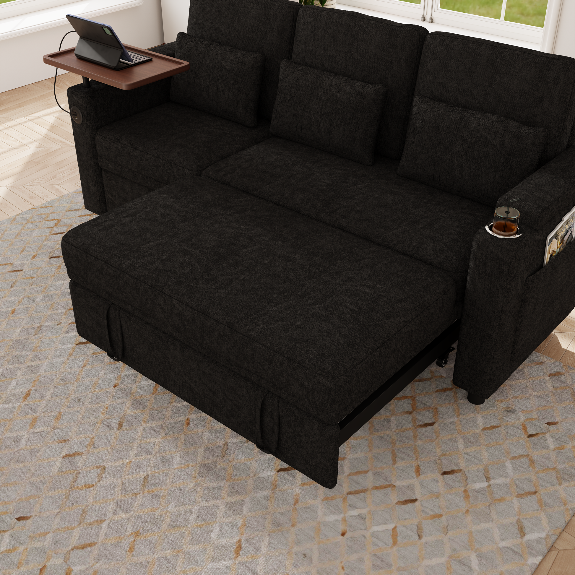 83-inch 3-in-1 foldable three-person sofa bed with a table board and USB ports, armrests with storage function. High-quality chenille three-person sofa. The sofa bed features adjustable backrest and p image 9