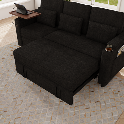 83-inch 3-in-1 foldable three-person sofa bed with a table board and USB ports, armrests with storage function. High-quality chenille three-person sofa. The sofa bed features adjustable backrest and p image 9
