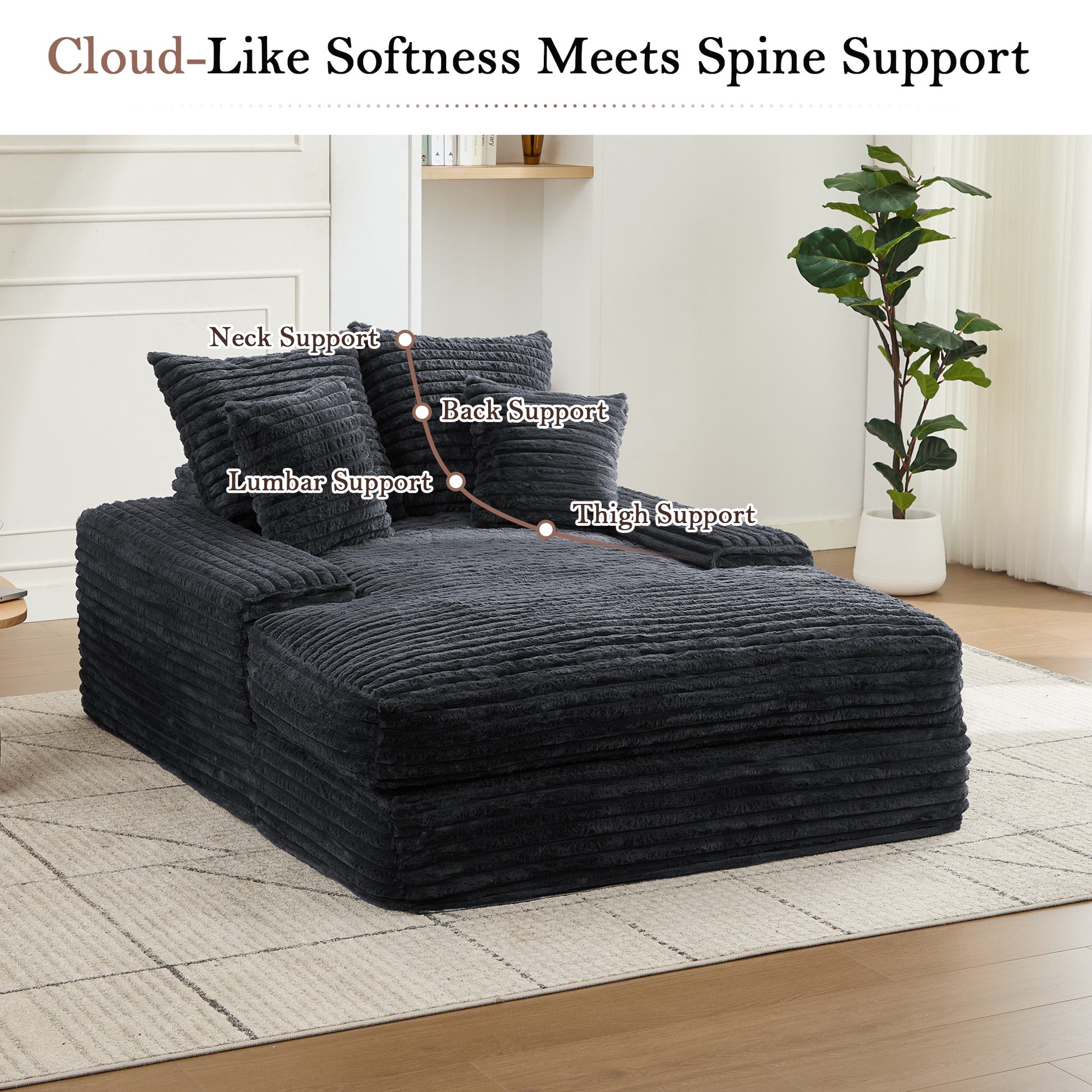 012-Luxury Corduroy Convertible Chaise Lounge with 4 Pillows, Ultra-Soft Sofa Bed No Assembly Required, Instant Setup Lounge Chair Bed for Living Room, Apartment & Small Spaces,Grey image 8