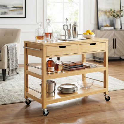 Indoor Multifunctional Natural Bamboo Bar Cart with Locking Wheels, Drawers, and Open Shelves - Ideal for Kitchen, Dining, and Entertaining image 1