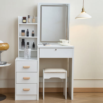 Modern-style white vanity set includes LED-lit mirror, bedroom makeup table with storage and cushioned stool; suitable for teens and adults home dressing rooms/bedrooms image 8