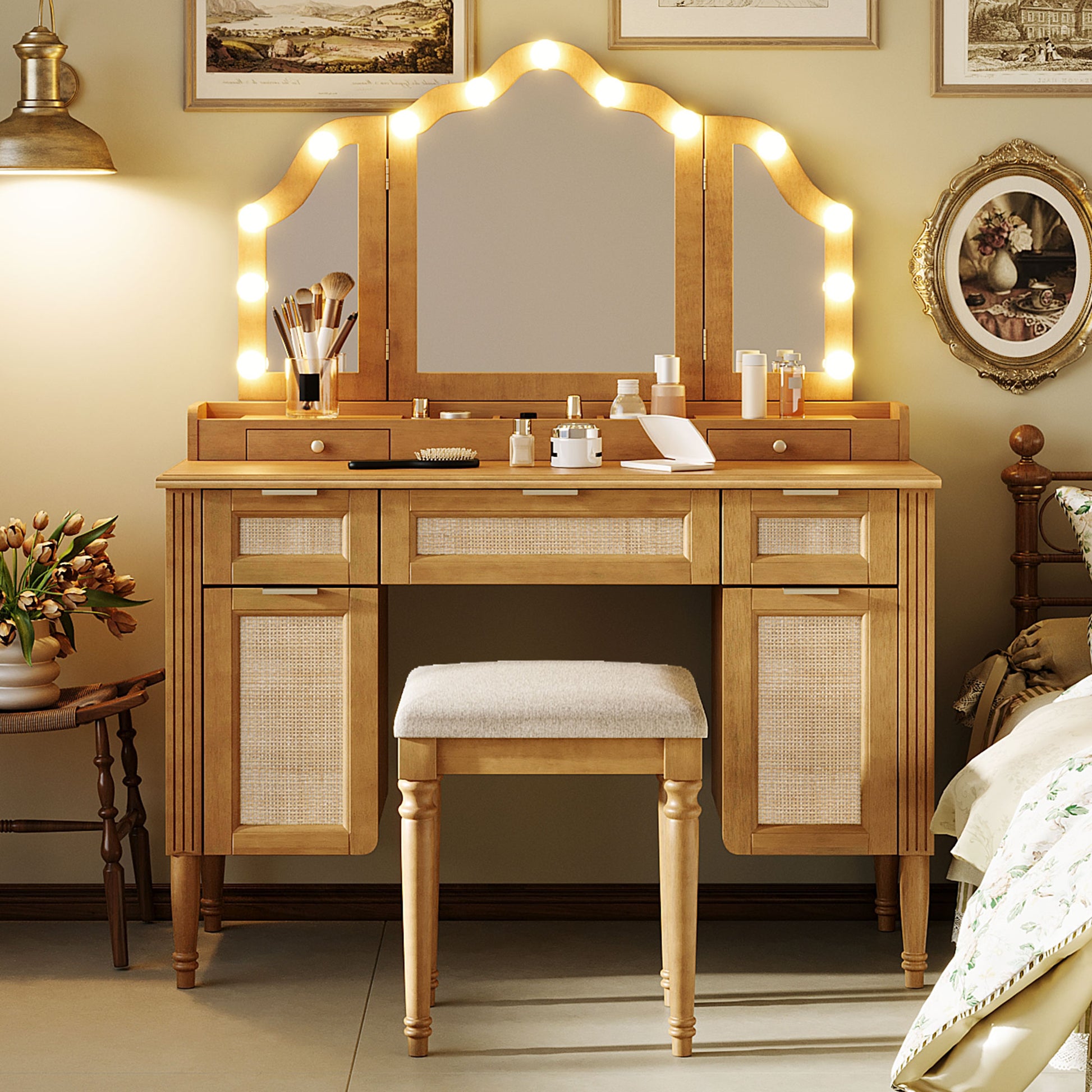 44.37" Makeup Vanity Desk with Stool Set, 13 Hollywood Bulbs & 3 Lighting Modes Dressing Table, Tri-Fold Mirror Large Vanity Table with Cushioned Stool, Charging Station, Ample Storage, Natural image 1