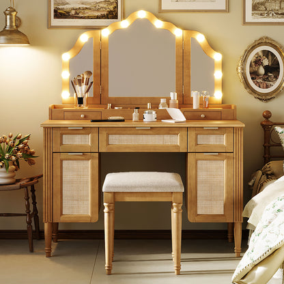 44.37" Makeup Vanity Desk with Stool Set, 13 Hollywood Bulbs & 3 Lighting Modes Dressing Table, Tri-Fold Mirror Large Vanity Table with Cushioned Stool, Charging Station, Ample Storage, Natural image 1