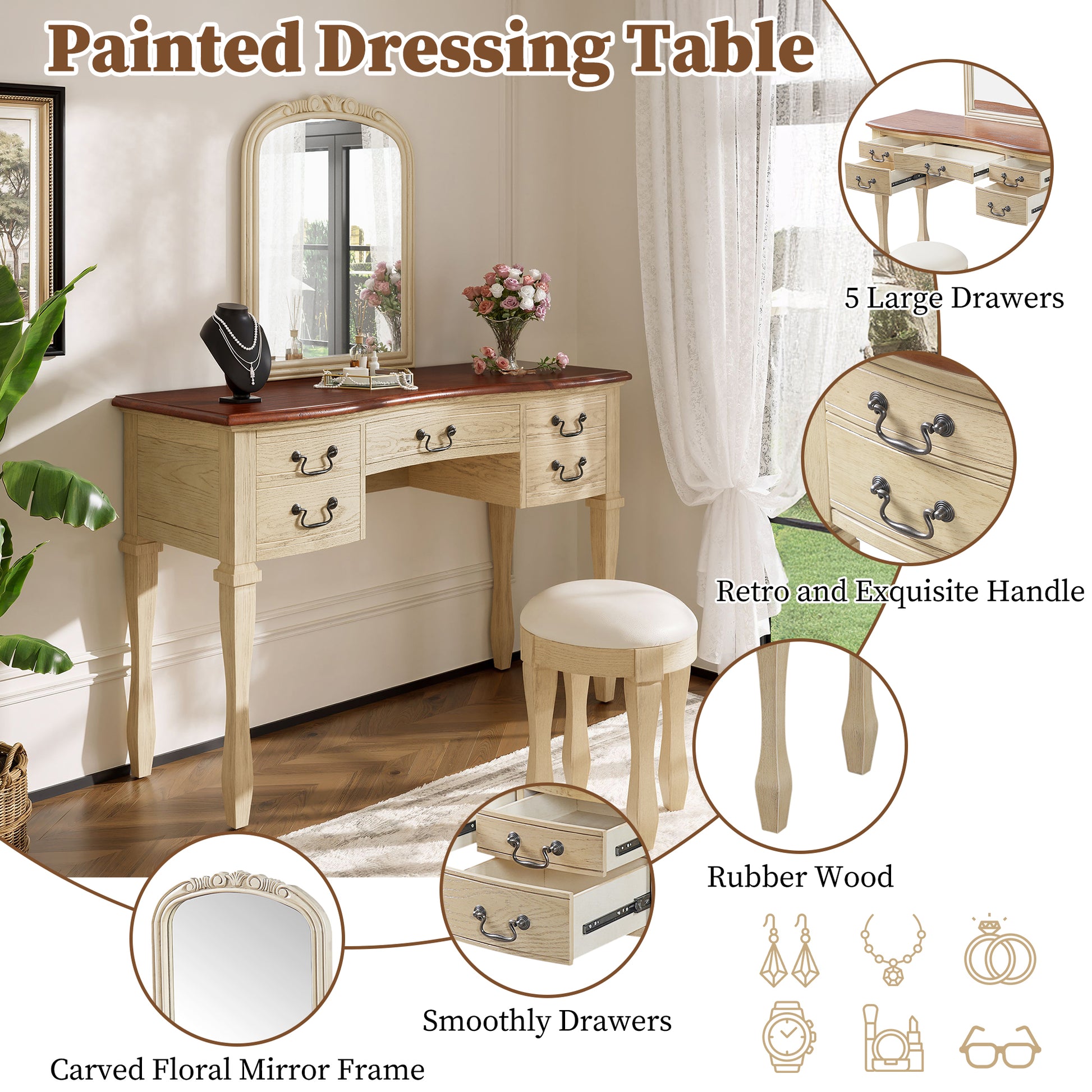 46" Vintage Makeup Vanity with Curved Flower Frame Mirror, Elegant Dressing Table with 5 Drawers and Leather Stool, Vanity Desk with Solid Wood Legs and Antique Handles for Bedroom image 5