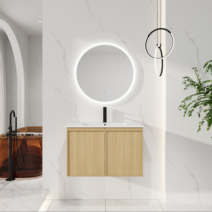 30" Floating Bathroom Vanity with Sink, Wall-Mounted Modern Light Oak Cabinet, Thin Edge Ceramic Basin, Soft-Close Doors, Spacious Storage, Easy Installation image 1