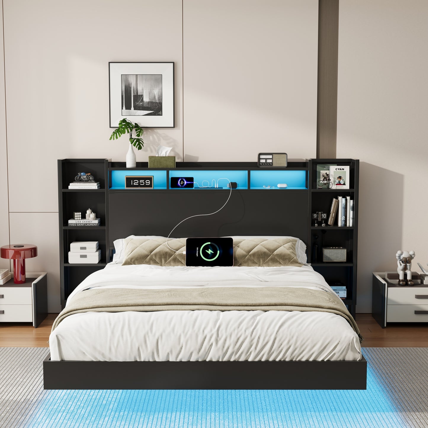 Queen Size Floating Bed Frame with USB Charging Station, Storage Headboard and with Led Light, Heavy Duty Metal Platform Bed Frame, No Box Spring Needed, Black image 3