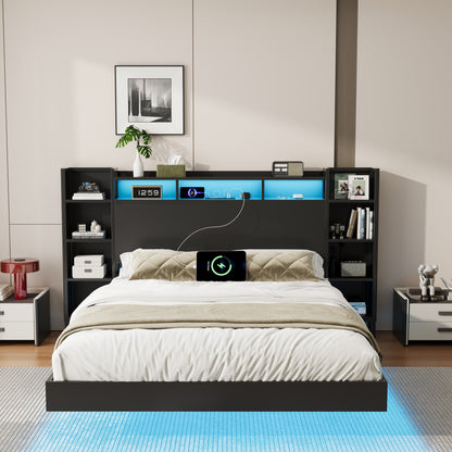 Queen Size Floating Bed Frame with USB Charging Station, Storage Headboard and with Led Light, Heavy Duty Metal Platform Bed Frame, No Box Spring Needed, Black image 3