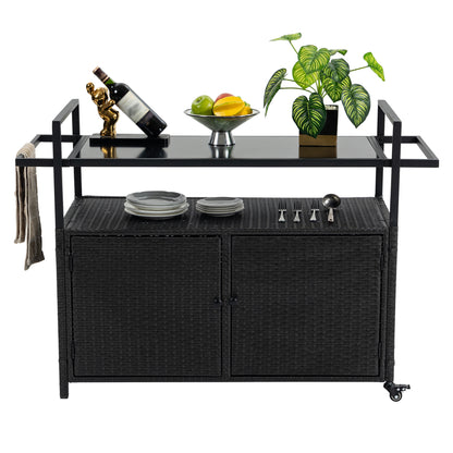 Outdoor Wicker Bar Cart, Patio Wine Serving Cart w/Wheels, Rolling Rattan Beverage Bar Counter Table w/Glass Top for Porch Backyard Garden Poolside Party, Black image 1