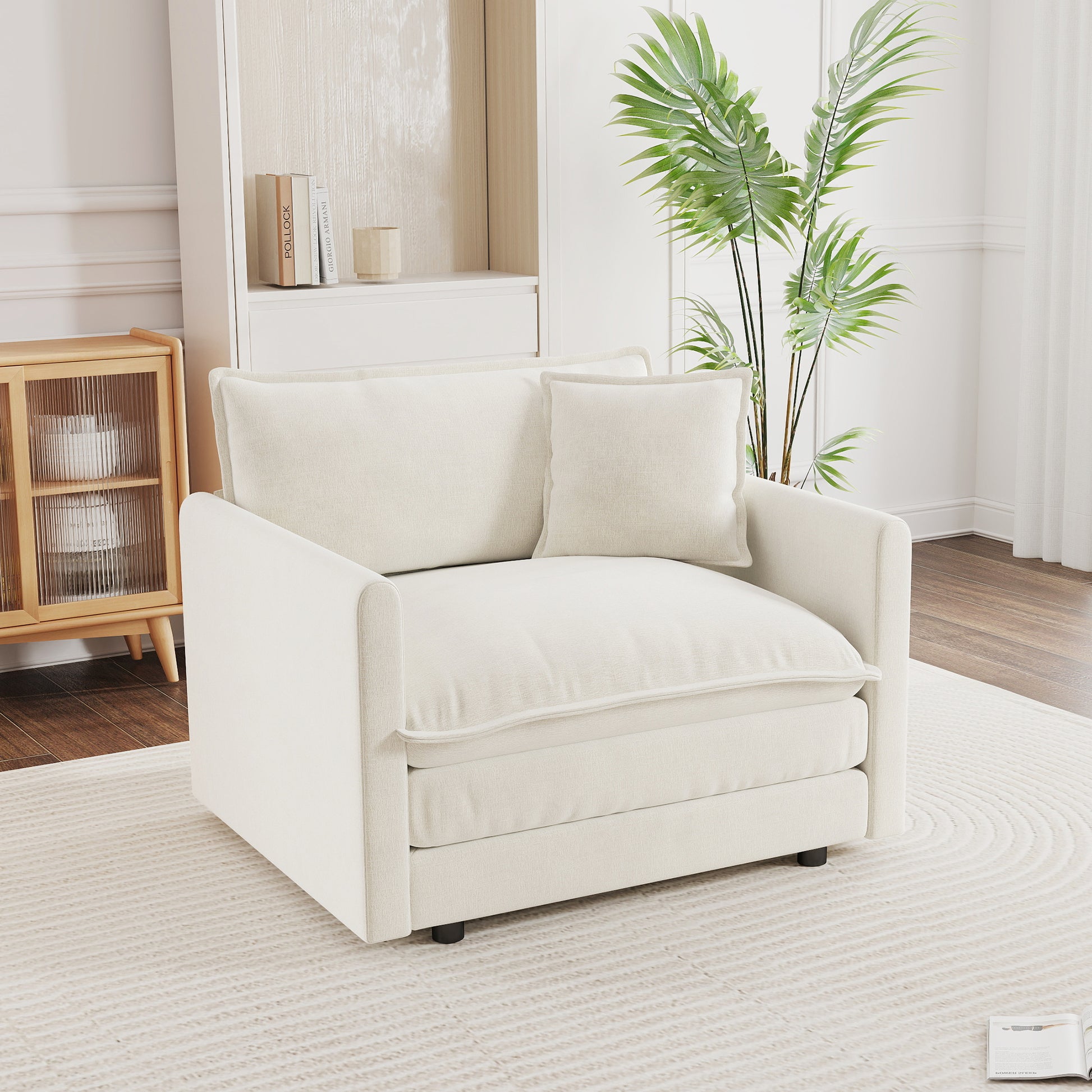 Comfy Deep Single Seat Sofa Upholstered Reading Armchair Living Room Chair White Chenille Fabric, 1 Toss Pillow image 1