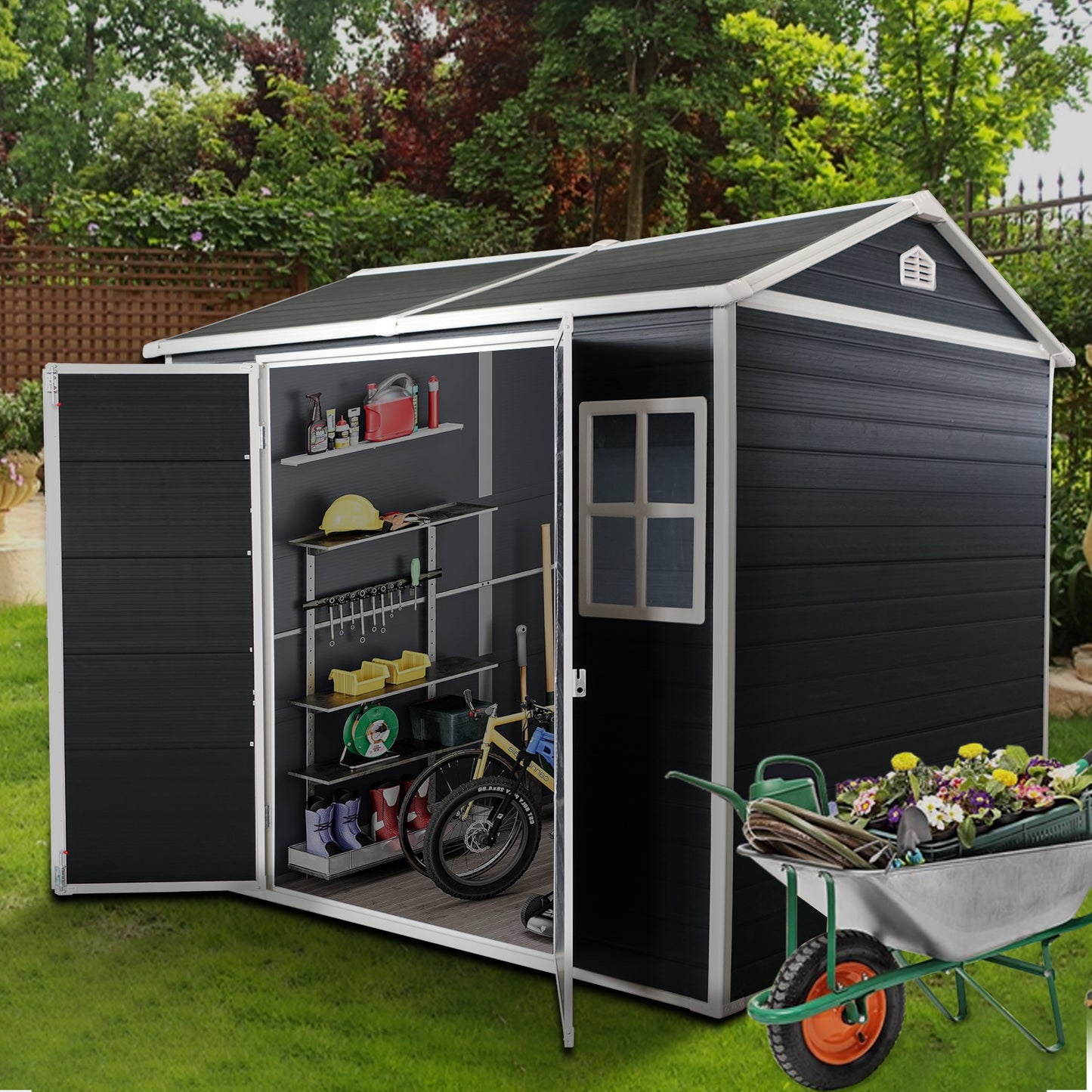 8x4ft Outdoor Resin Garden Shed with Floor and 2 Windows, Plastic Patio Outdoor Storage Shed with Lockable Door for Garden Tools, Bicycles, Trash Cans, Black image 4