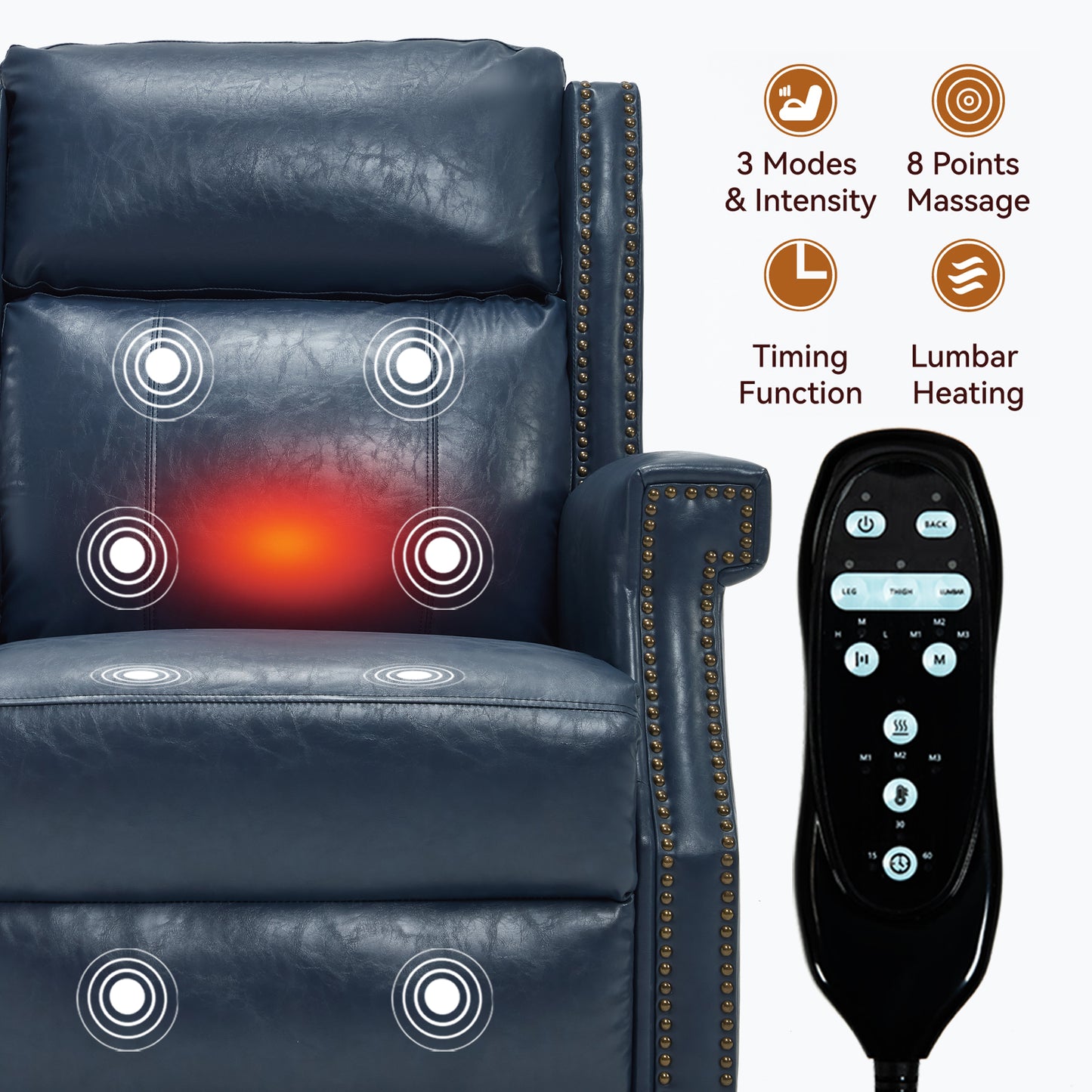 Blue Manual Recliner Chair in Faux Leather for Living Room with Heavy Duty Motion Mechanism, 8 vibrating nodes and 3 massage modes. image 4