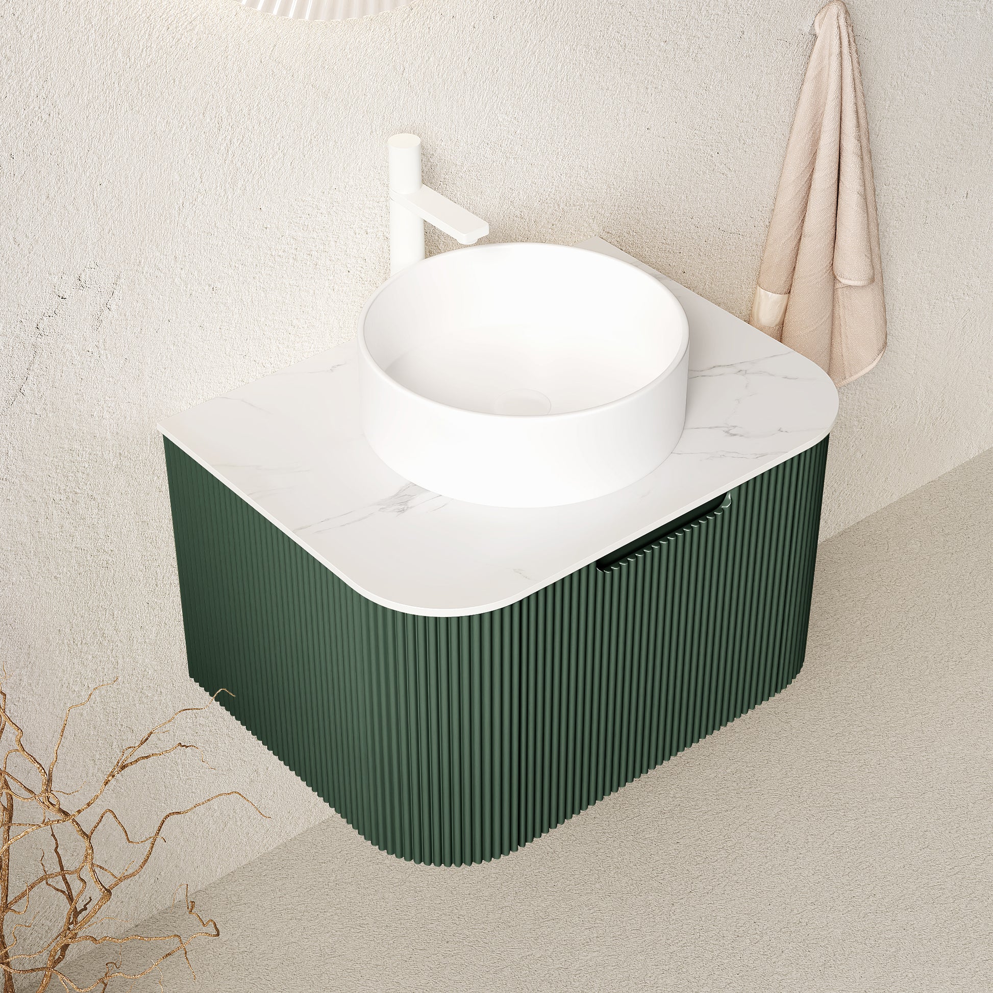 DINA 24" Bathroom Vanity&Sink, Floating Curved Edges Striped Bathroom Storage Plywood Cabinet with Drawer, White Round Ceramic Basin&Carrara White Sintered Stone Top, Pre-assembled, Dark Green Color image 5