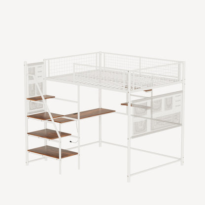 Full size loft metal bed with white for bedroom and dormitory, with built-in charging station and LED lighting image 8
