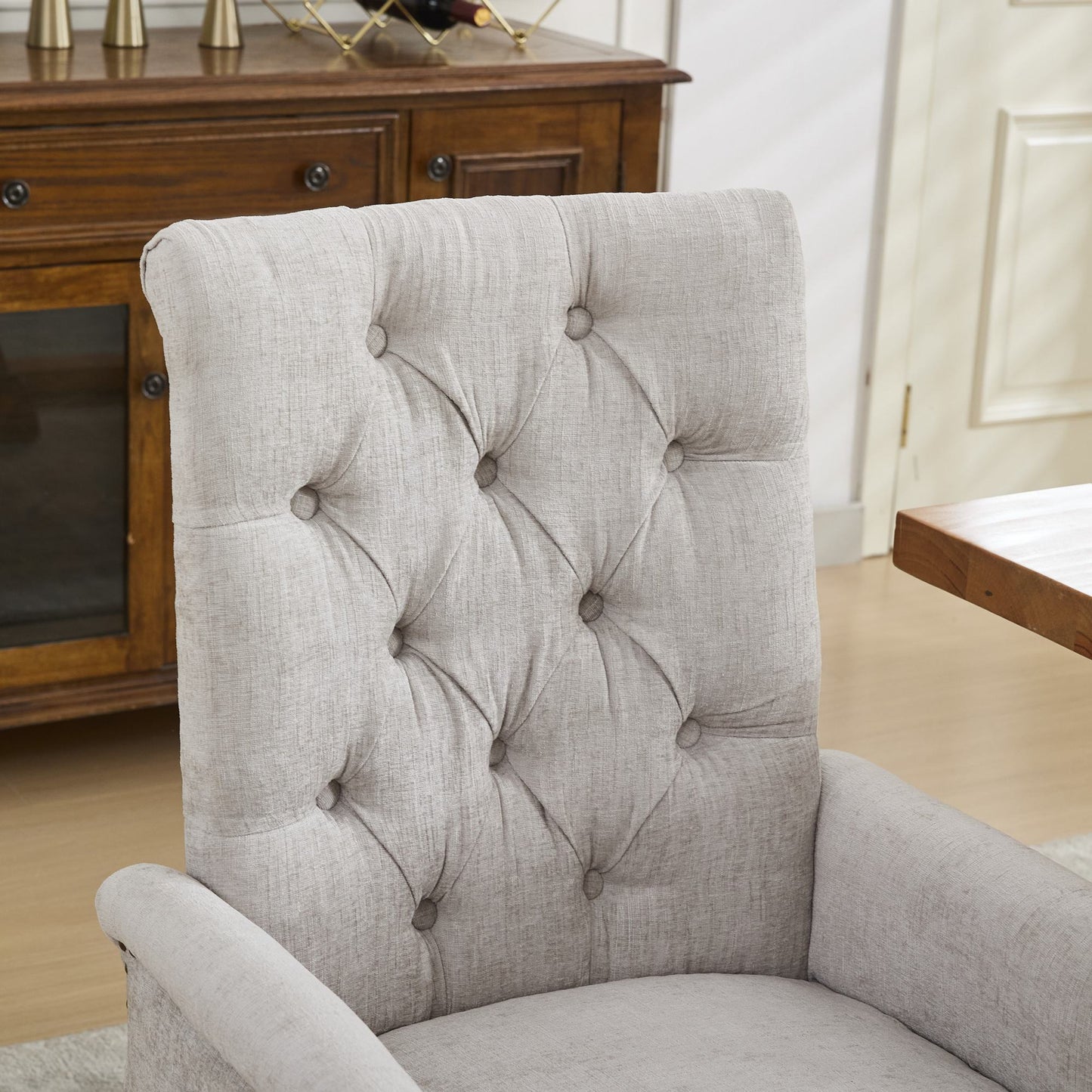 Upholstered Chenille Fabric Accent Dining Chair, Curved Solid Wood Legs, Elegant Tufted Club Dining Room Kitchen Room Arm Dining Chair, Single Pack,Beige,SW1895BG image 10