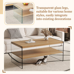 Double layered rectangular coffee table.The board is made of MDF with wooden stickers, with transparent tempered glass on both side.Suitable for various occasions such as living rooms and bedrooms.