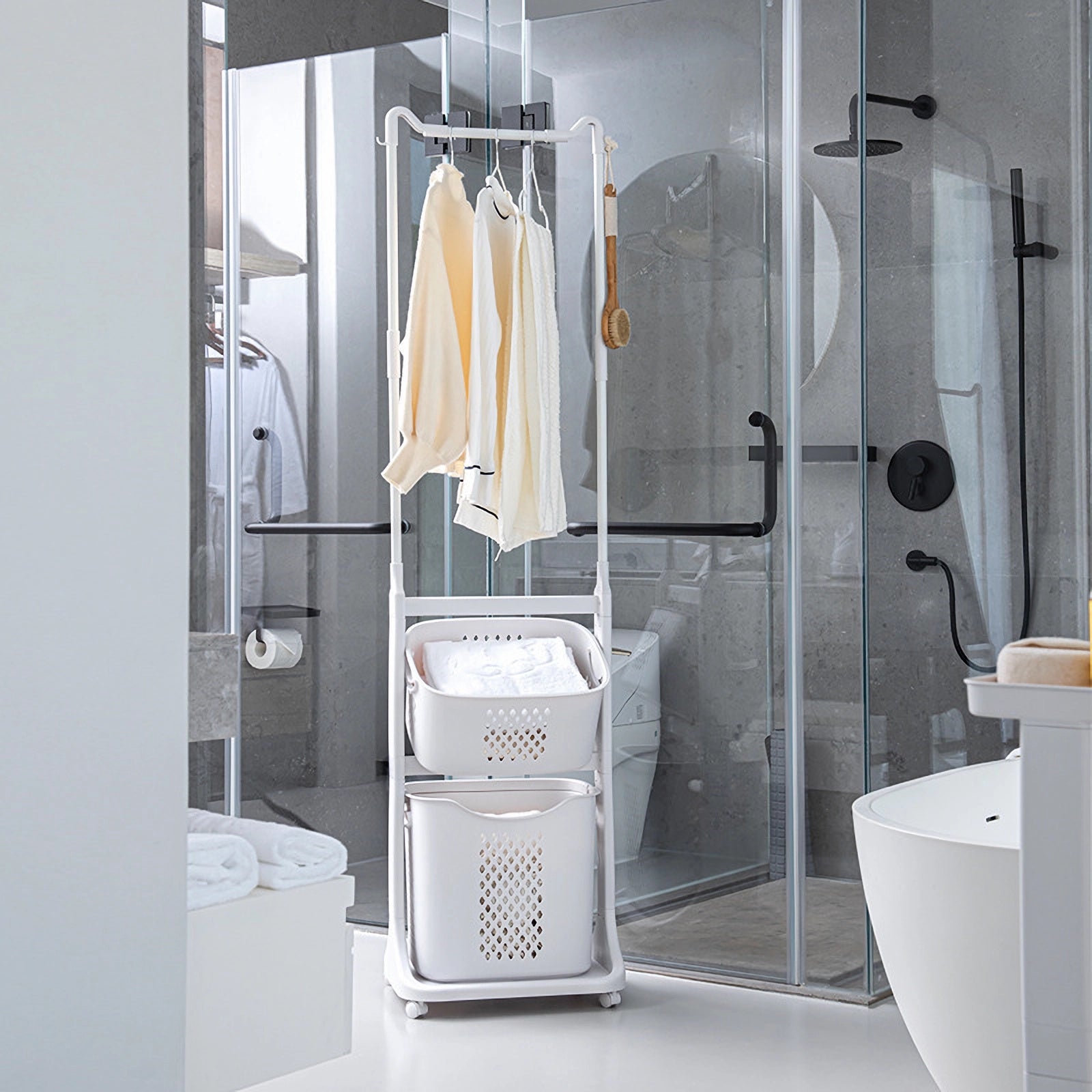 2-Tier Laundry Hamper Sorter with Hanging Bar, Rolling Laundry Baskets with Wheels Removable, Stackable Laundry Cart Organizer and Storage for Small Space, Dorm, Closet, Bathroom image 3
