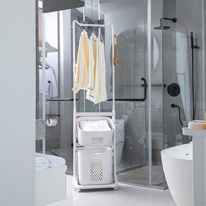 2-Tier Laundry Hamper Sorter with Hanging Bar, Rolling Laundry Baskets with Wheels Removable, Stackable Laundry Cart Organizer and Storage for Small Space, Dorm, Closet, Bathroom image 3