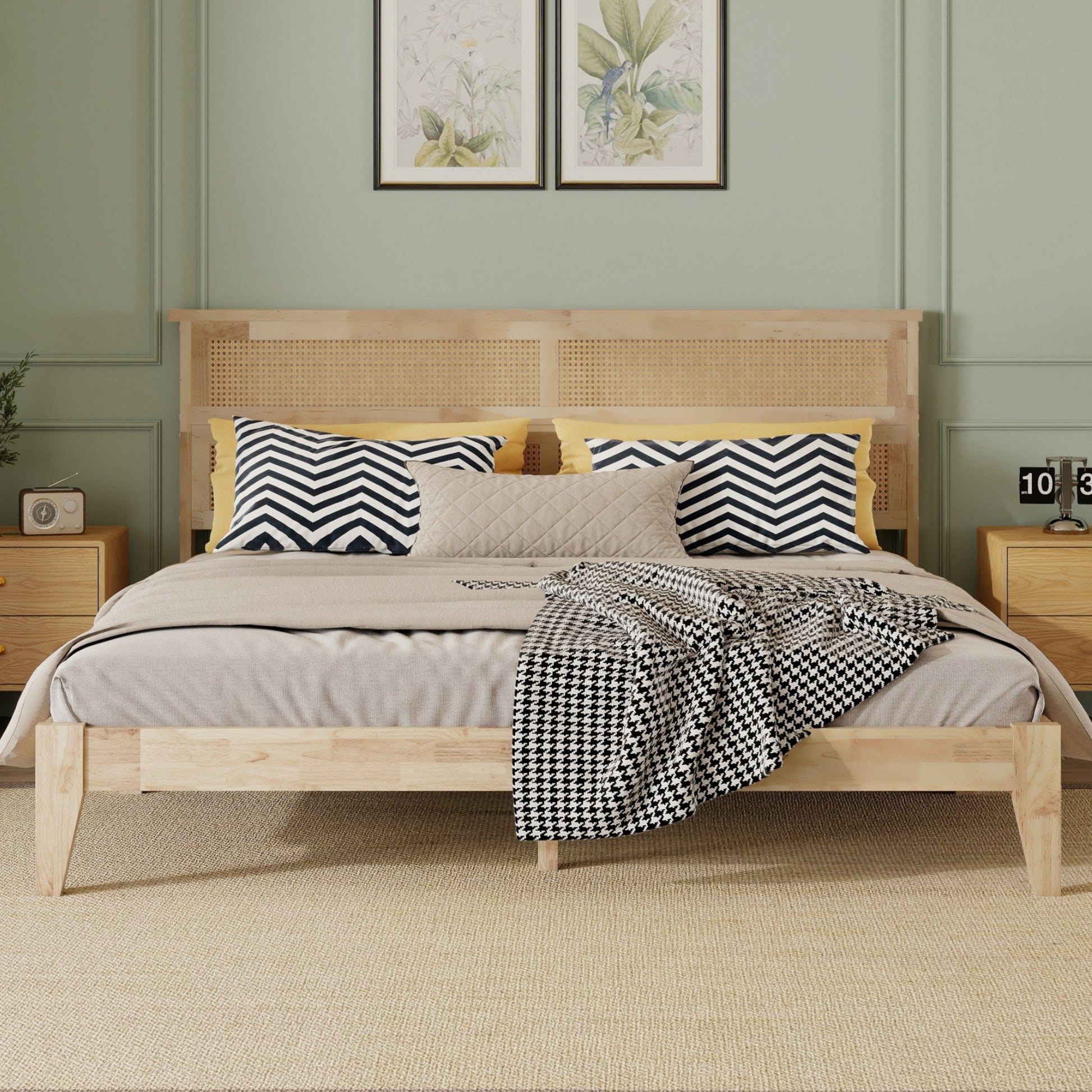 King Size Solid Wood Bed with Rattan Headboard, Rubber Wood Bed with Central Support Beams and Enhanced Feet,Natural image 1