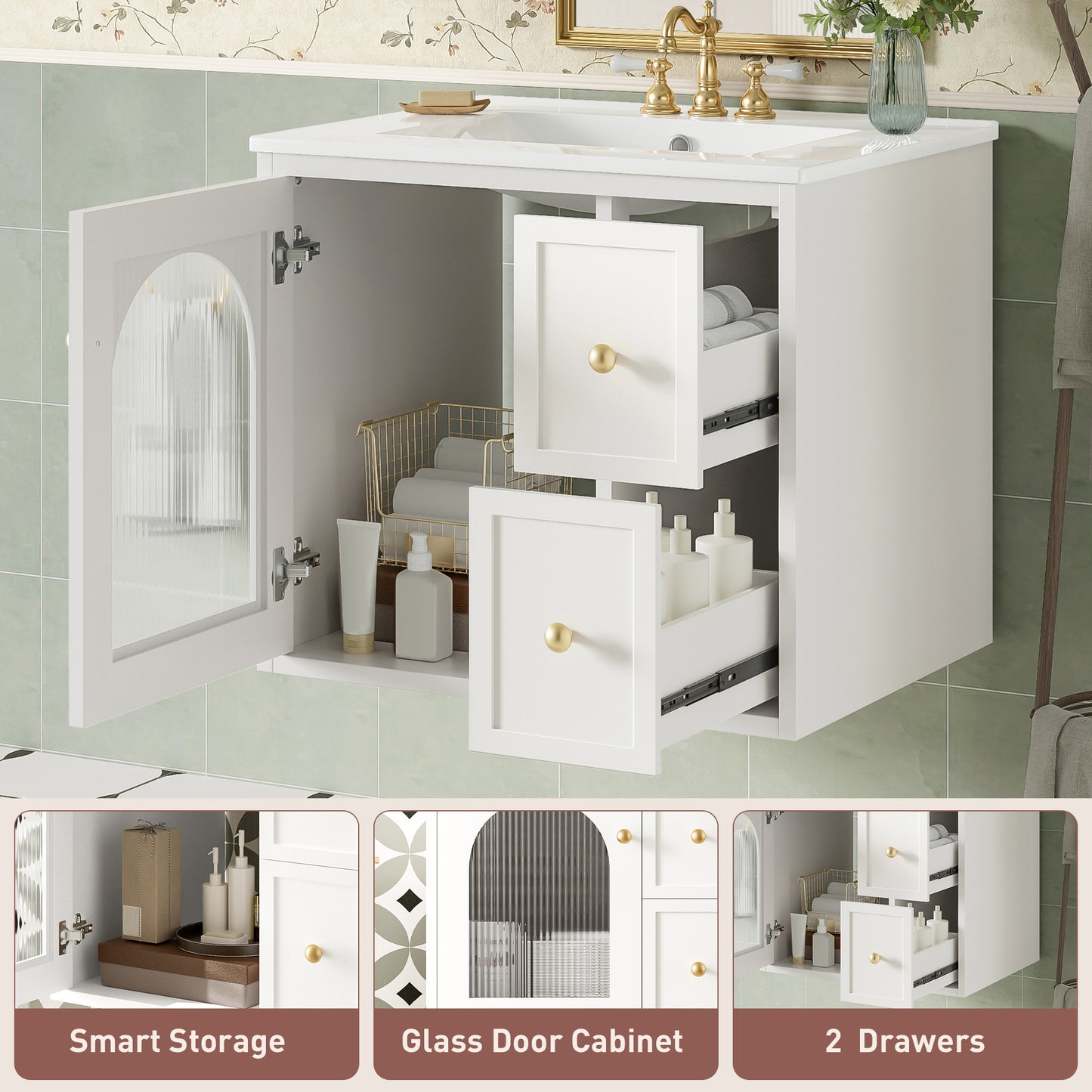 24" Bathroom Vanity Set Wall Mounted for Small Space, Bathroom Cabinet with Ceramic Sink, 2 Drawers and 1 Soft-Close Door image 6