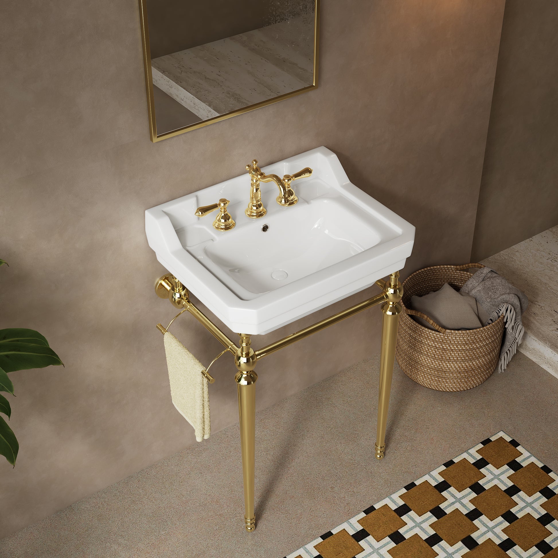 VICI 23" Bathroom Console Sink, Wall-Mounted White Ceramic Vanity Basin with 3 Pre-drilled Faucet Holes, Freestanding Stainless Steel Support Legs with Towel Bar, No Faucet & Sink Cover, Gold Color image 2