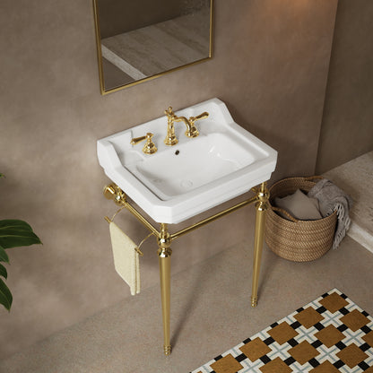 VICI 23" Bathroom Console Sink, Wall-Mounted White Ceramic Vanity Basin with 3 Pre-drilled Faucet Holes, Freestanding Stainless Steel Support Legs with Towel Bar, No Faucet & Sink Cover, Gold Color image 2