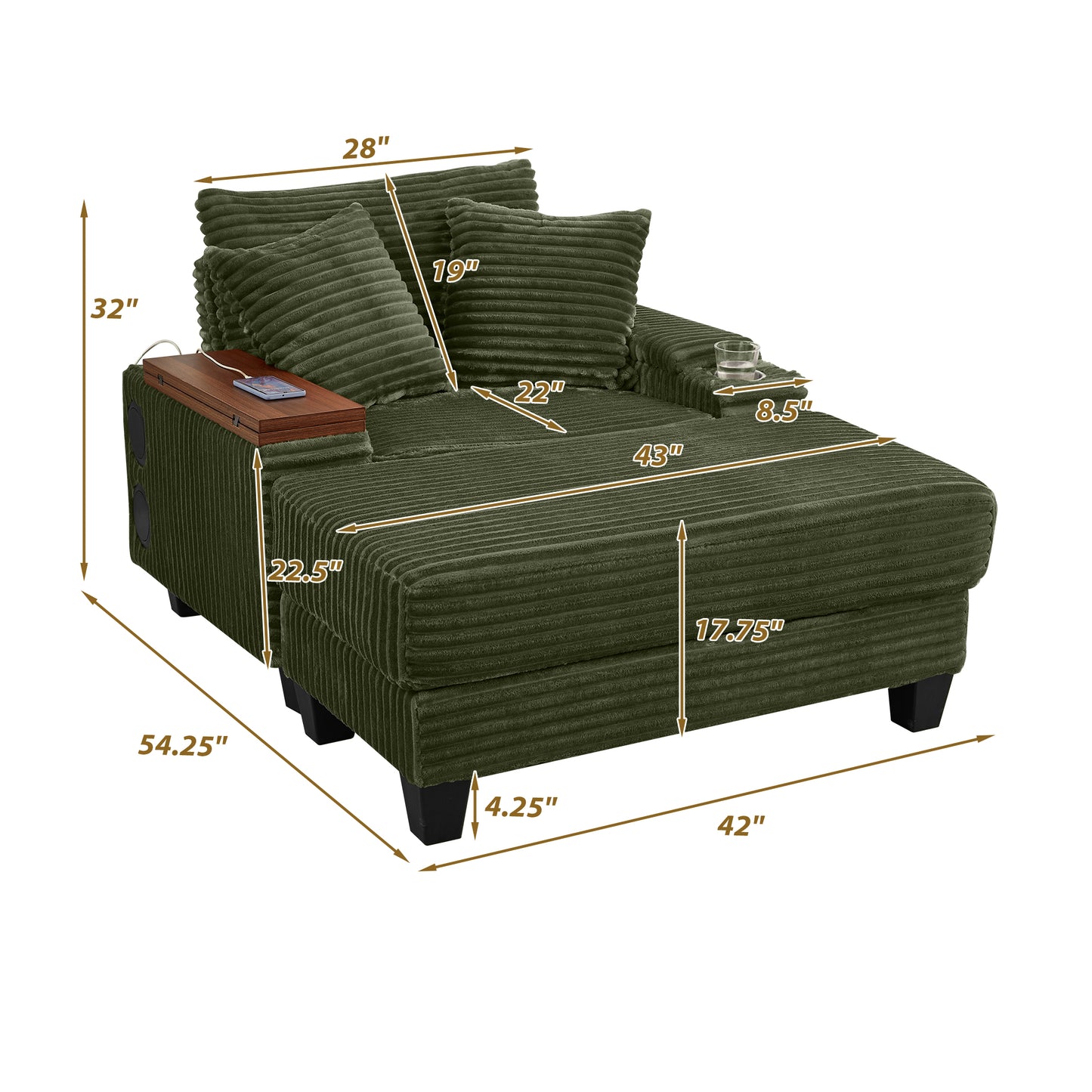 Fluffy Corduroy Storage Armrest Sofa,Single Versatile Seat with Ottoman,Cup Holder,Bluetooth Speaker,USB Ports,180°Rotating Table Board,For Living Room,Bedroom and Apartment image 2