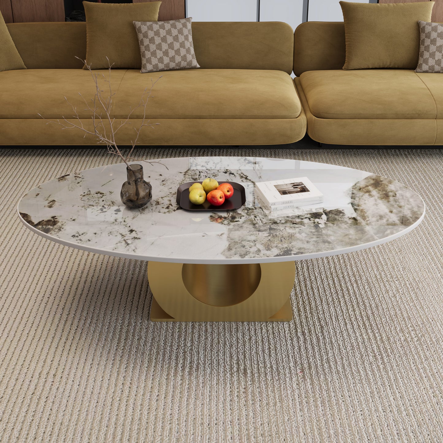Modern 49.2" Oval Sintered Stone Coffee Table with Stainless Steel Base, Center Table for Living Room image 4