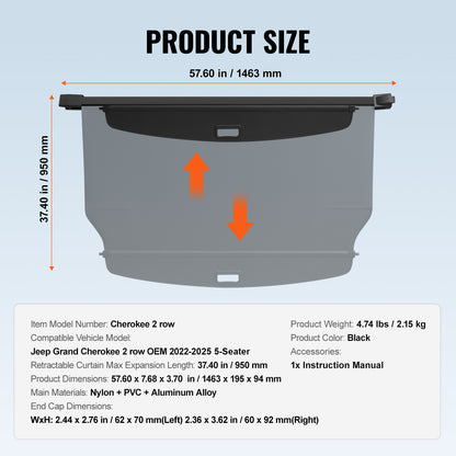Retractable Cargo Cover for Jeep Grand Cherokee 2 Row 2022-2024 OEM Design image 9