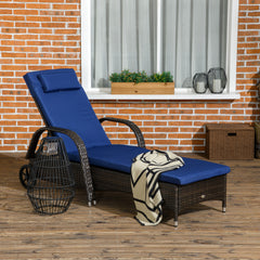 Outsunny Wicker Outdoor Chaise Lounge, 5-Level Adjustable Backrest PE Rattan Pool Lounge Chair with Wheels, Cushion & Headrest, Brown and Dark Blue