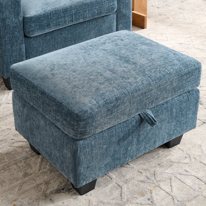 Single sofa recliner with manually adjustable backrest, USB charging port on the armrest side, phone stand included, hidden armrest storage, and a matching storage ottoman-Blue image 8