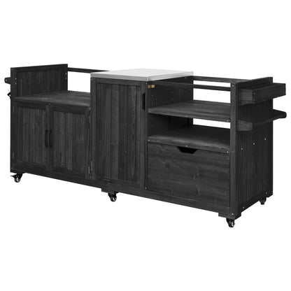 K&K 80.5" Outdoor Kitchen Island for Big Green Egg& Blackstone Griddle, Solid Wood Grill Cart Table with Stainless Steel Top, Drawer for Large Big Green Egg and 21"/28" Blackstone Griddle, Black image 10