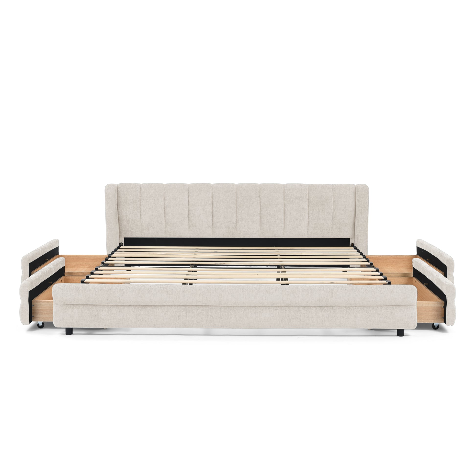 King Size Upholstered Bed Frame with Thick Fabric, comfortable upholstered bed frame, Chenille fabric, with headboard and solid bed frame. With drawer for storage-Beige(86.5''*84''*29.5'') image 10