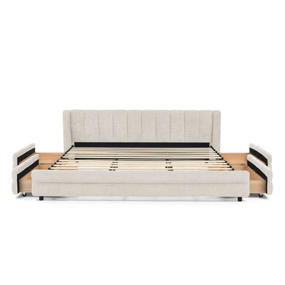 King Size Upholstered Bed Frame with Thick Fabric, comfortable upholstered bed frame, Chenille fabric, with headboard and solid bed frame. With drawer for storage-Beige(86.5''*84''*29.5'') image 10