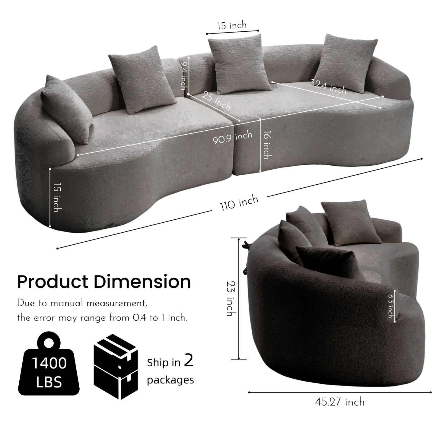 Curved Boneless Sofa,Compression Modular 110'' Sectional,Grey High-Density,Couches Sleeper for Living Room Bedroom Apartment Lounge,Chenille image 8