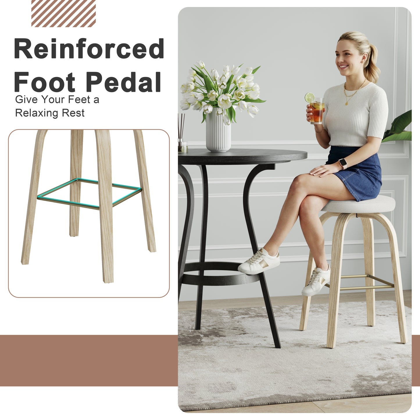 AILUNWALL Swivel Bar Stools Set of 2, Bar Height Backless 30″ Bar Stool, Fabric Upholstered Seat, Sturdy Wood Legs and Metal Footrest, Mid-Century Modern Island Stool for Home Bars, Restaurants, Beige image 12