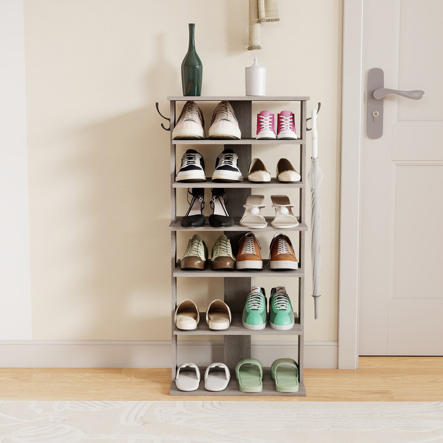 Shoe Rack,7 Tier Shoe Storage Organizer with Hooks, Entryway Shoe Tower,12-14Pairs Shoes,Vertical Shoe Organizer,Vertical Shoe Organizer,Easy Assemble,Saving Space,Rustic Gray image 1
