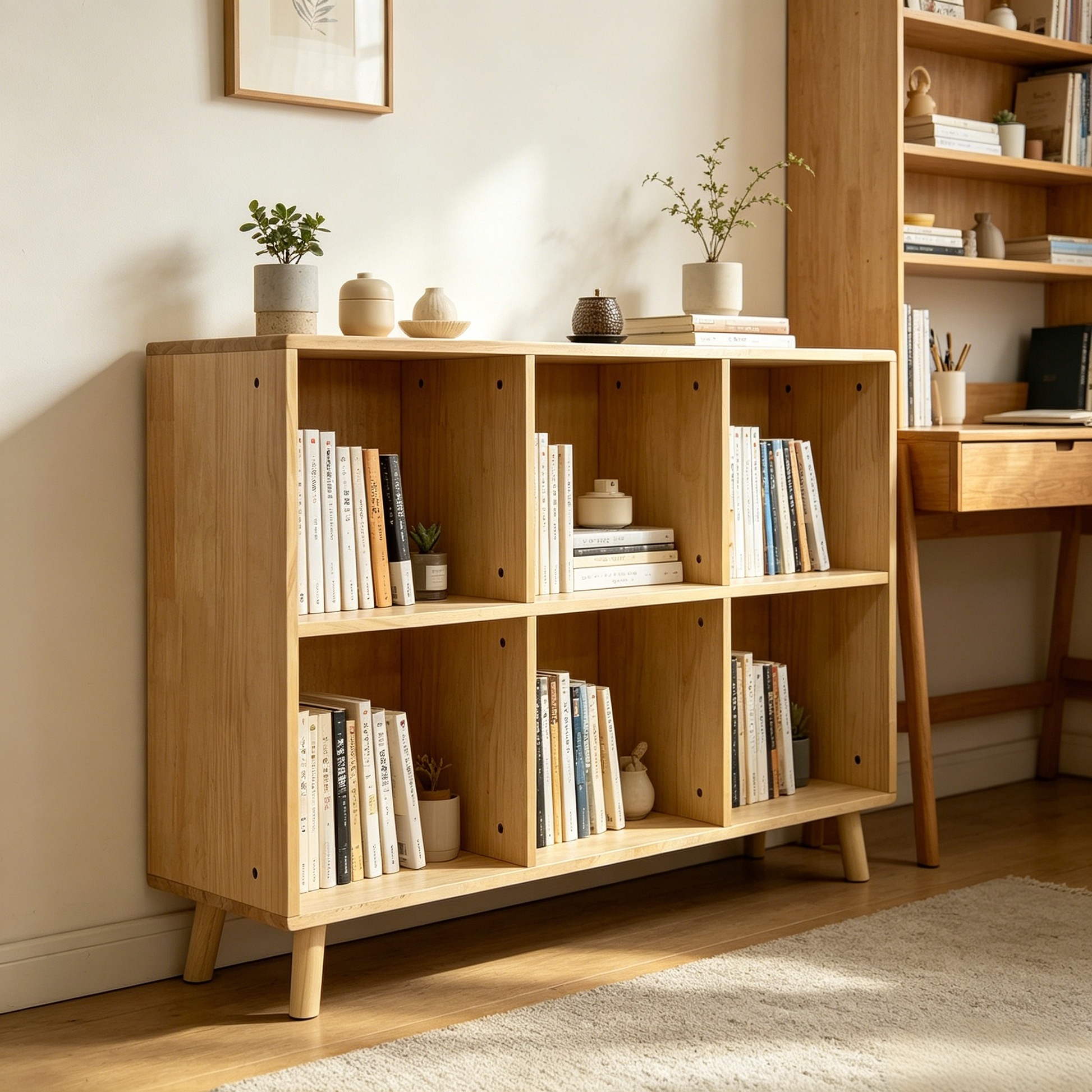 6 Cube Wooden Storage Shelf, Freestanding Open Bookcase with Legs, Natural Solid Wood Cubby Organizer for Living Room, Bedroom, Office, Entryway image 5