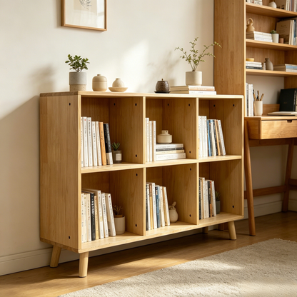 6 Cube Wooden Storage Shelf, Freestanding Open Bookcase with Legs, Natural Solid Wood Cubby Organizer for Living Room, Bedroom, Office, Entryway image 5
