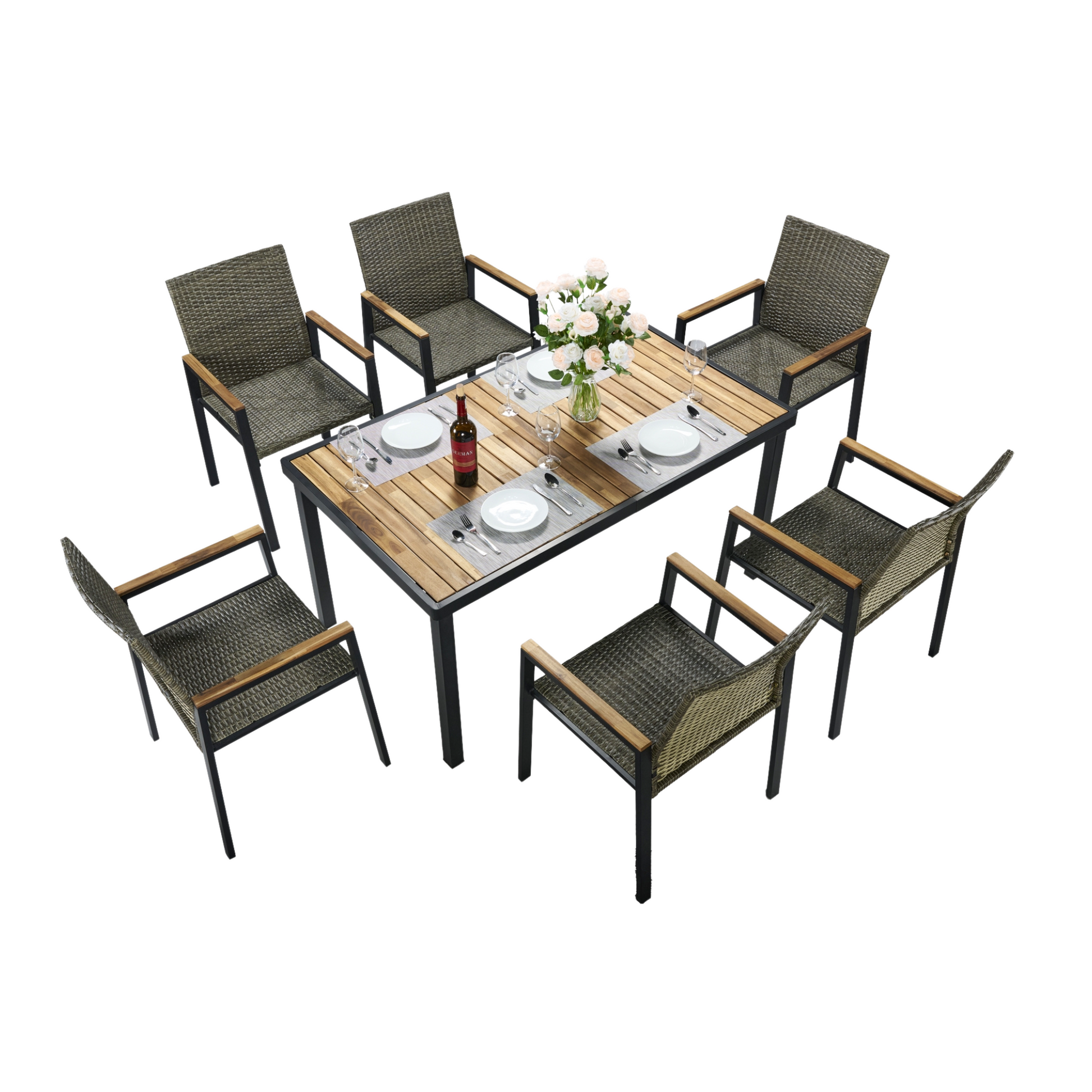All Weather 7-Piece Patio Dining Table Sets, Patio Conversation Set Acacia Wood Table Top with Umbrella Hole, Rattan Outdoor, Brown Gray Color image 11