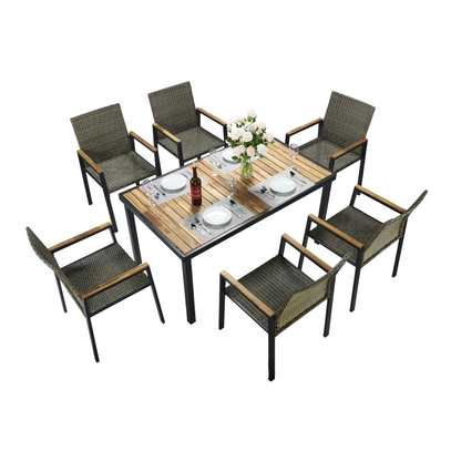 All Weather 7-Piece Patio Dining Table Sets, Patio Conversation Set Acacia Wood Table Top with Umbrella Hole, Rattan Outdoor, Brown Gray Color image 11