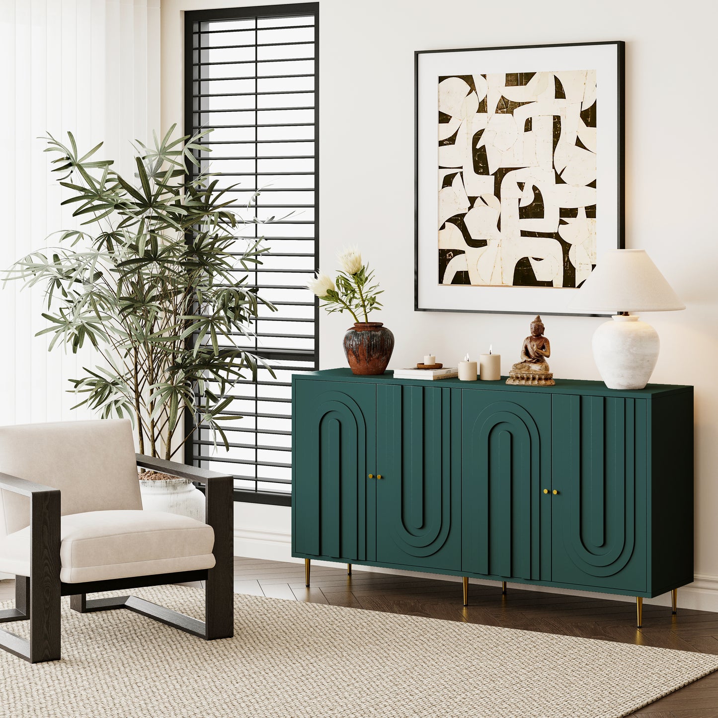 Modern Green Lacquered 4 Door Wooden Cabinet Sideboard Buffet Server Cabinet Storage Cabinet, for Living Room, Entryway, Hallway, Office, Kitchen and Dining Room image 4