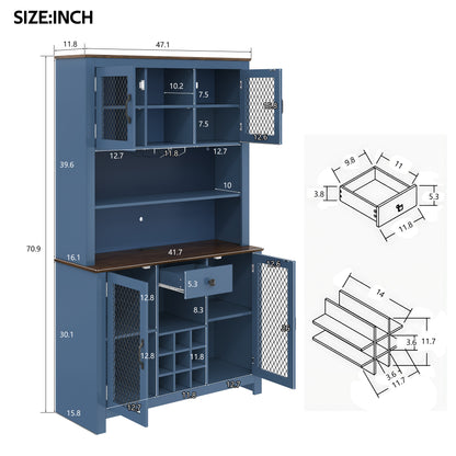 70.9" Kitchen Pantry Storage Cabinet Rustic Buffet Cabinet, Kitchen Hutch Cabinet with LED Outlets Food Pantry Cabinet with Doors and Shelves Wine Rack for Dining Room, Navy Blue image 6