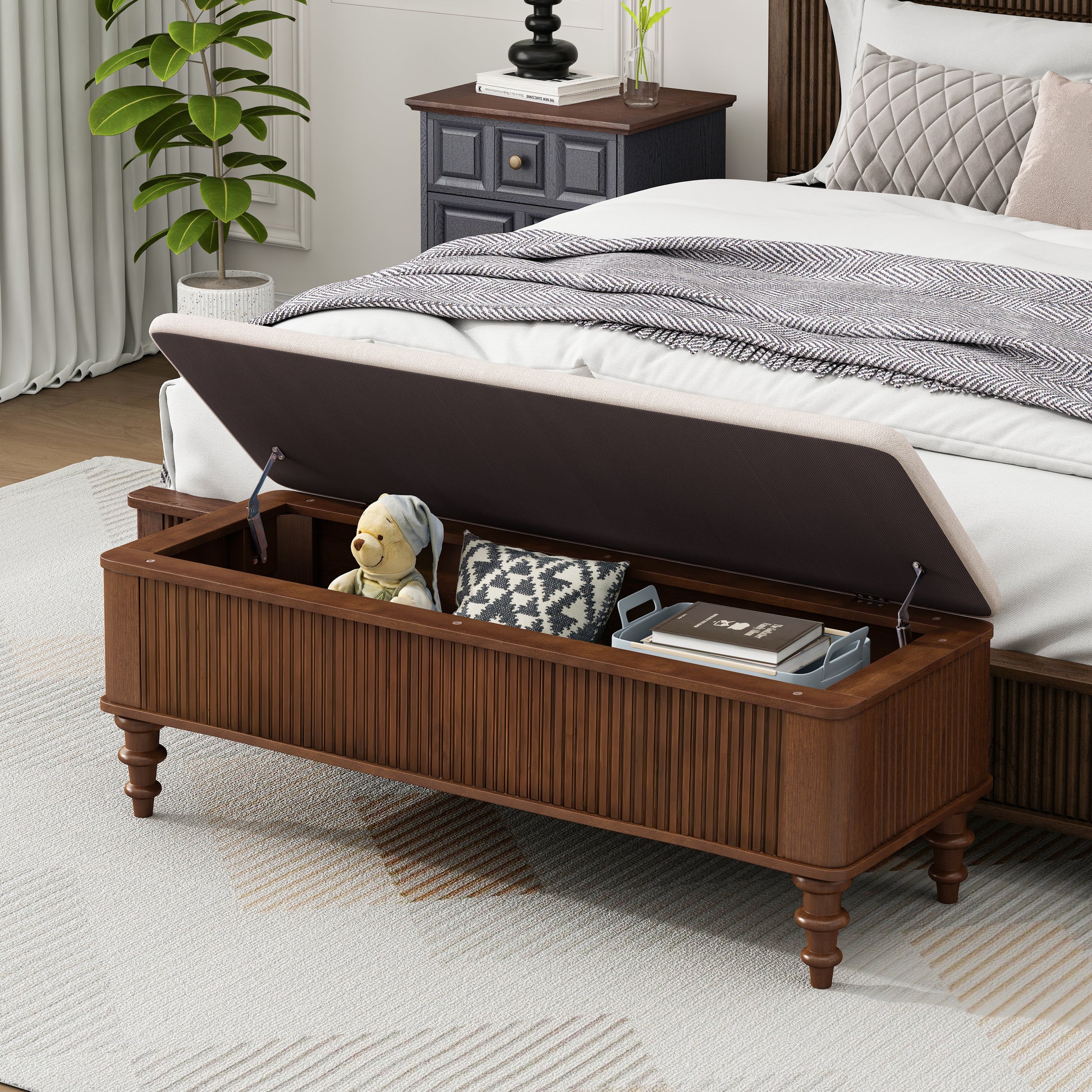 50.8-inch Multi-Functional Storage Ottoman Bench-Solid Rubberwood Bed End Bench with Linen Seat, Storage Bench for Bedroom, Entryway Shoe Organizer for Bedroom, Living Room, Entryway, Closet, Walnut image 4