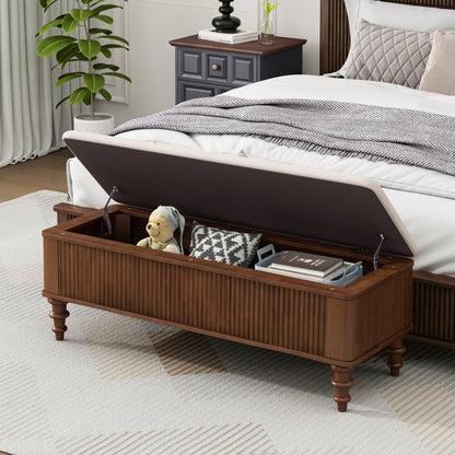 50.8-inch Multi-Functional Storage Ottoman Bench-Solid Rubberwood Bed End Bench with Linen Seat, Storage Bench for Bedroom, Entryway Shoe Organizer for Bedroom, Living Room, Entryway, Closet, Walnut image 4