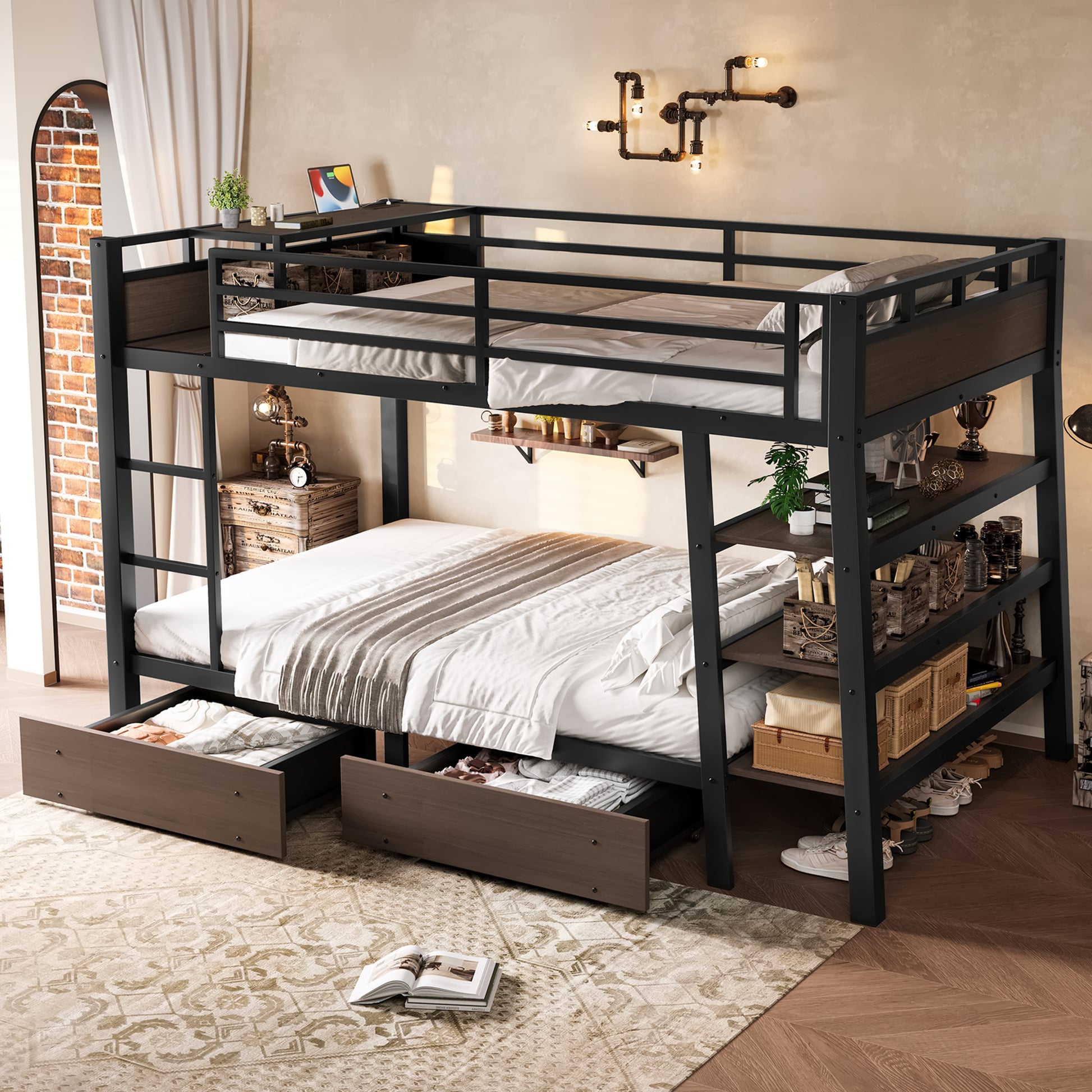 Full Size Metal Bunk Bed with Storage Shelves, LED light strip, and USB power strip, black image 2