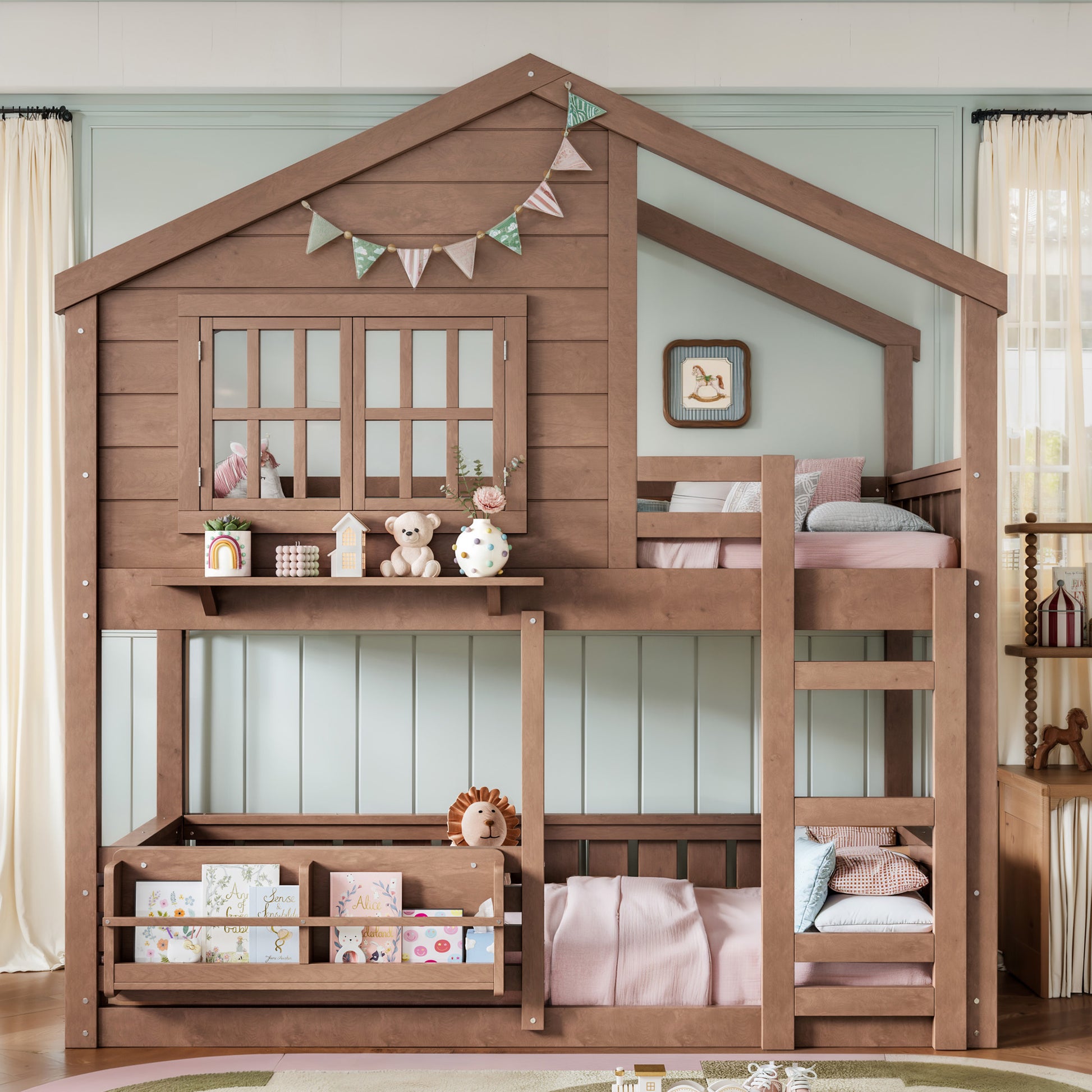 Twin Size Bunk Bed/Loft Bed with Bookshelf, House Design, High-Quality Safety Fencing,Natural image 1
