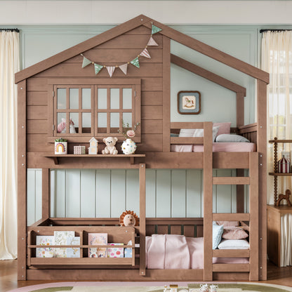 Twin Size Bunk Bed/Loft Bed with Bookshelf, House Design, High-Quality Safety Fencing,Natural image 1