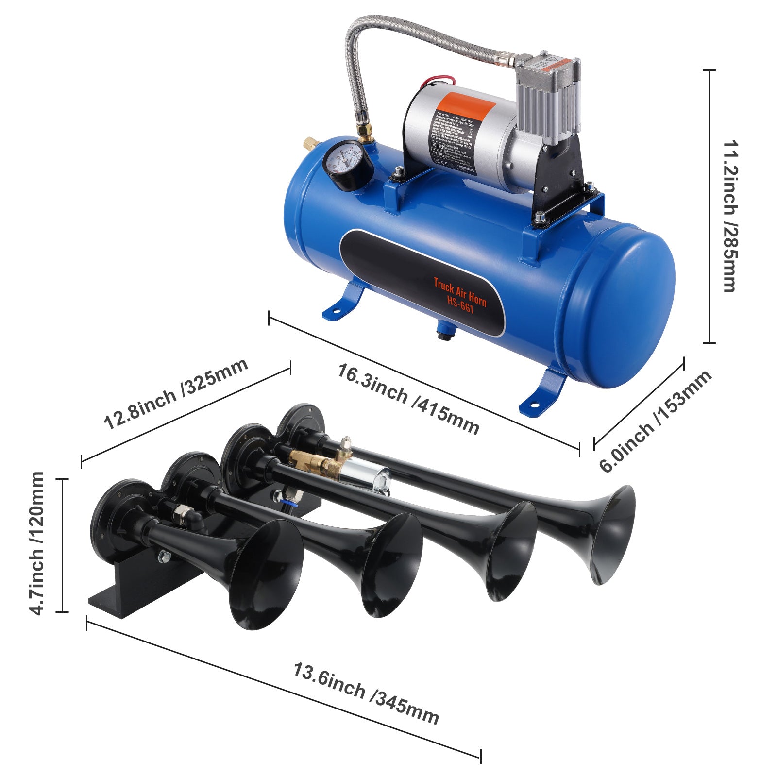 Train Horns Kit, 4 Trumpet Air Horn Kit, 150dB Train Horns for Pickup Trucks, 12V 120 psi Air Compressor 1.6 Gal/6 L Tank with Gauge for Any 12V Vehicle Car Truck Train Van Boat image 8