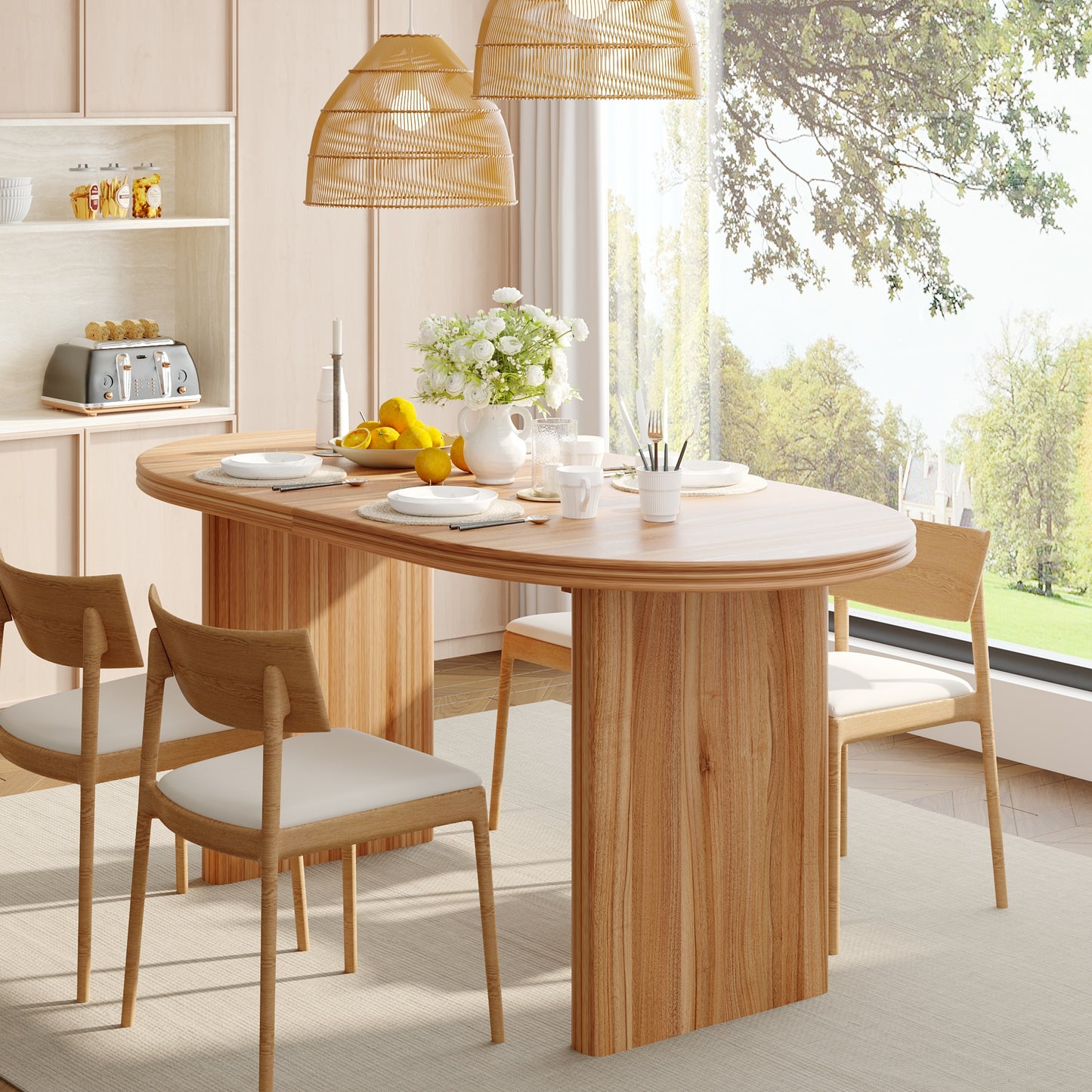 55.12"-70.87"Modern Extendable Dining Table with removable extension leaves,Mid-century modern style home table,Suitable for dining rooms, kitchens, and living rooms,Natural Walnut image 5